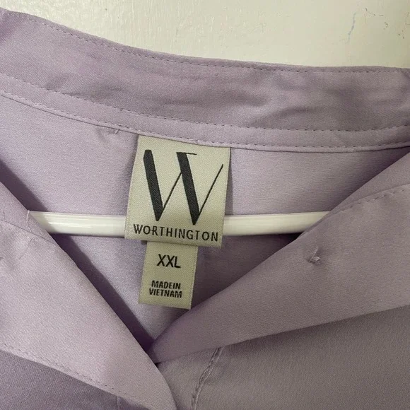 Worthington Womens XXL Purple Satiny Henley Blouse Short Sleeve Orchid Petal New - Picture 2 of 7
